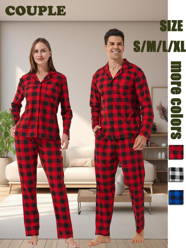 Couple's Plaid Print Button Front Pajama Two-piece Set, Casual Comfy Long Sleeve Pocket Top & Elastic Waist Pants Pj Set, Couple's Sleepwear for Spring & Fall