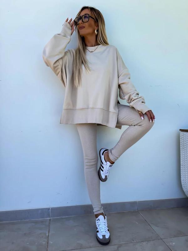 Two-piece Set Women's Solid Drop Shoulder Split Hem Sweatshirt & Leggings, Casual Fashion Cozy Round Neck Long Sleeve Pullover & Trousers for Daily Outdoor Wear,  2 Piece Sets Women, Women's Clothing for Spring & Fall, Sweatsuit Set Outfit