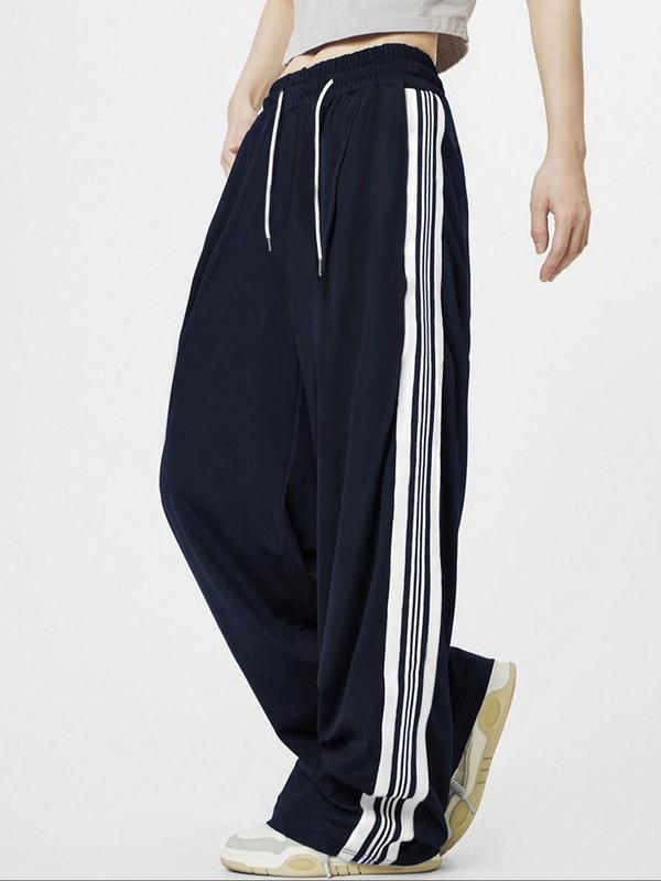 Unisex Side Stripe Drawstring Waist Wide Leg Pants, Women's Casual Comfy Straight Leg Trousers for Daily Wear, Baggy Pants for Women, Casual Summer Bottoms, Ladies Bottoms for All Seasons