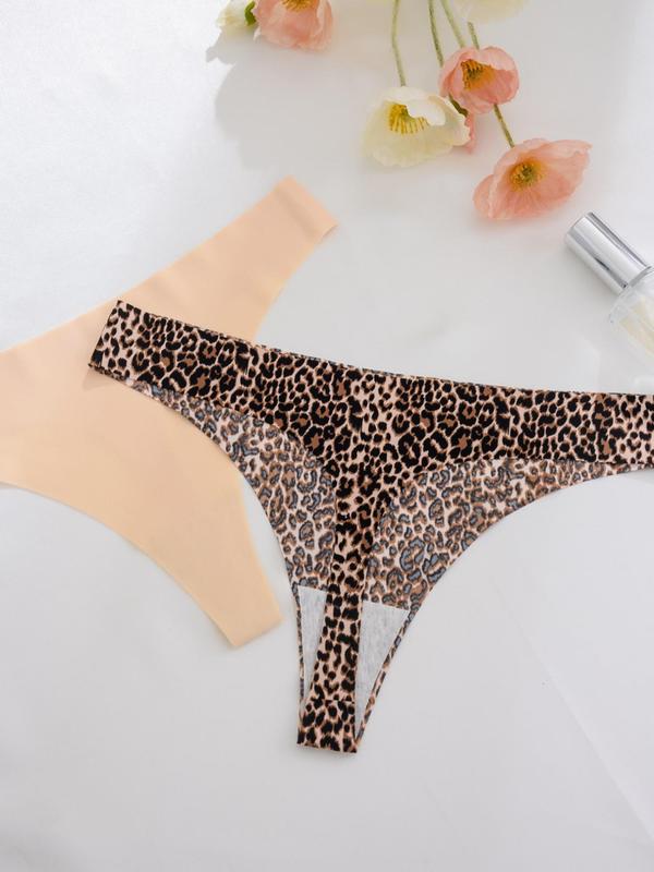 Women's Solid Color & Leopard Print Seamless Thong, Soft Comfy Breathable Drop Waist Seamless Panties for Daily Wear, Women's Underwear for All Seasons