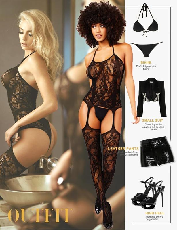 Women Fishnet Bodystocking Attached Stockings Sexy Lingerie Crotchless Bodysuit One count Babydoll One Size