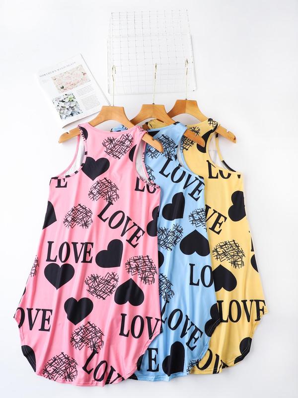 Women's Heart & Letter Print Tank Nightdress, Casual Curved Hem Round Neck Nightgown for Summer, Ladies Summer Sleepwear