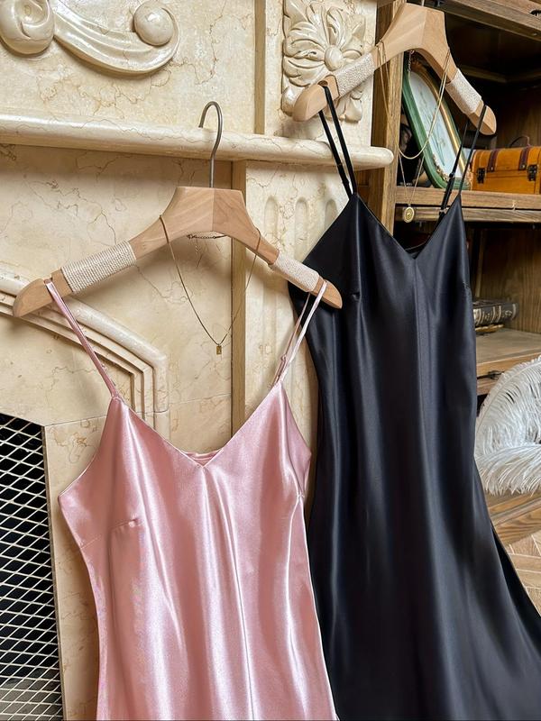 Women's Plain Backless Soft Satin Cami Nightdress, Summer Clothes Women, Soft Adjustable Spaghetti Strap Long Nightgown, Women's Sleepwear for Summer