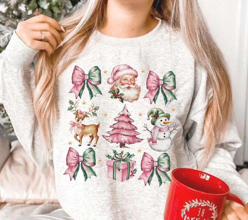 Coquette Pink Christmas Pink Bow Christmas Shirt, Trendy Santa Christmas Family Cozi Winter Season Graphic T-Shirt, Sweat Shirt, Hoodie Best Holiday Gifts