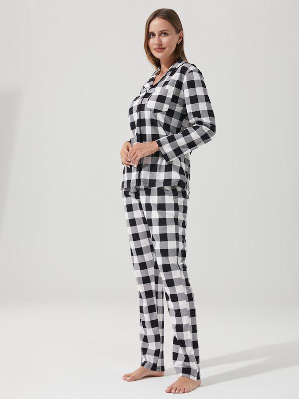 Couple's Plaid Print Button Front Pajama Two-piece Set, Casual Comfy Long Sleeve Pocket Top & Elastic Waist Pants Pj Set, Couple's Sleepwear for Spring & Fall