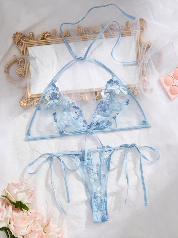 Floral embroidery lace mesh underwear Sexy lace-up design Triangle bra underwear underwear women's suit