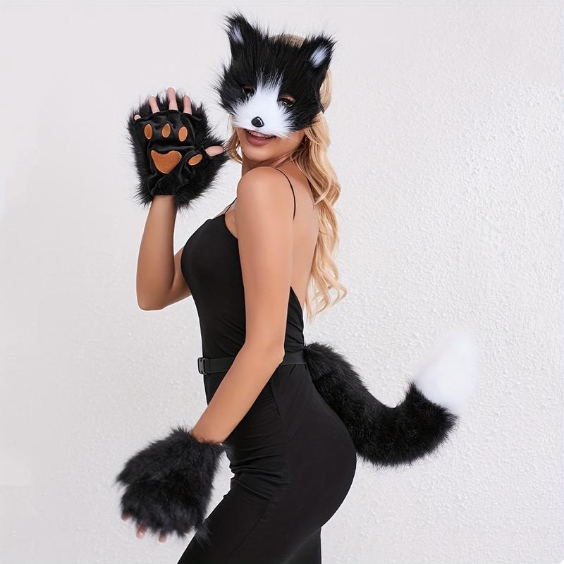 3pcs Fox Cosplay Set: Plush Mask, Gloves & Tail - Perfect for Halloween, Masquerade Parties & Anime Conventions