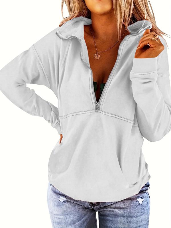 Fall Women's Plain Half Zip Drop Shoulder Sweatshirt, Fall Outfits, Casual Long Sleeve Collared Sweatshirt Hoodie for Fall & Winter, Women's Clothing for Daily Wear Hoodies