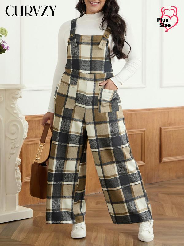 CURVZY Plus Size Plaid Print Button Decor Suspender Overalls, Casual Pocket Overalls Jumpsuit for Daily Wear, Women's Plus Clothing for All Seasons