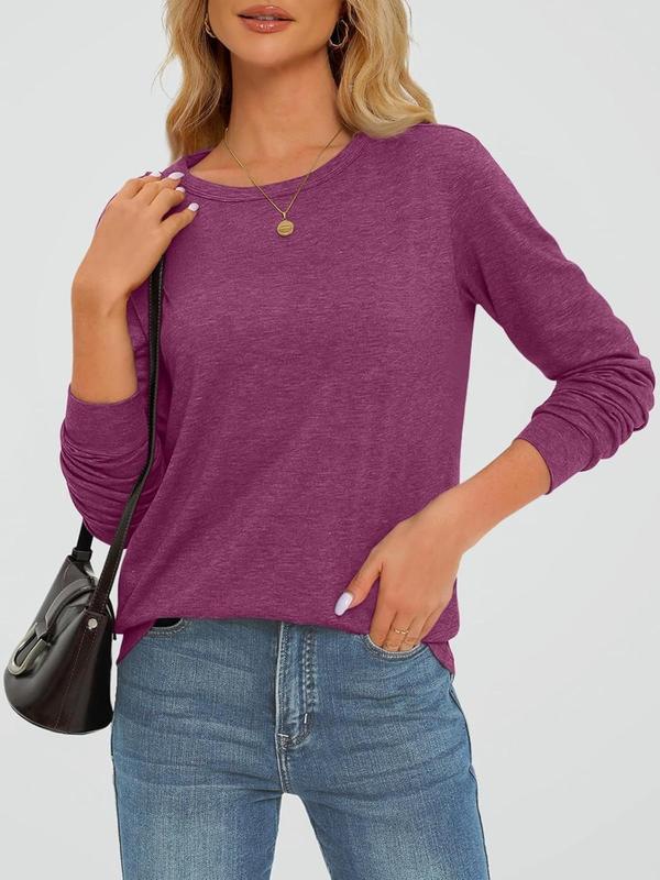 Women's Plain Round Neck Long Sleeve Tee, Casual Solid Color Crew Neck T-Shirt for Daily Wear, Ladies Clothes for All Seasons