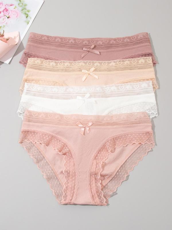 Women's Bow Decor Contrast Lace Knicker, Soft Comfy Breathable Scallop Panty for Daily Wear, Underwear for All Seasons