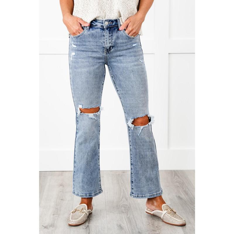 Risen Dressed to Impress High Rise Medium Wash Distressed Knee Ankle Flare Jeans