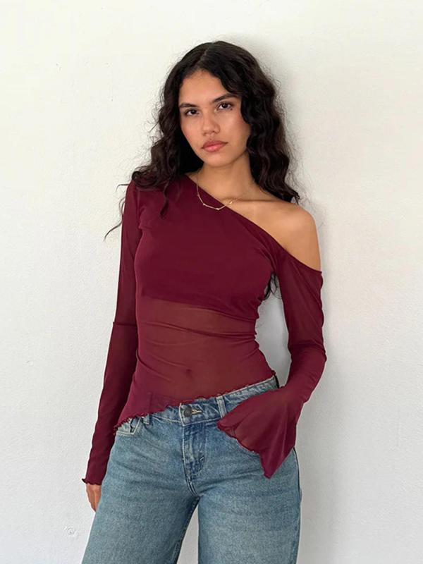 Christmas Deals Women's Plain Asymmetrical Neck Flounce Sleeve Tee, Casual Long Sleeve T-shirt for Spring & Fall, Women's Clothing for Daily Wear, Christmas 2024 Trend, Fall&Winter Outfits