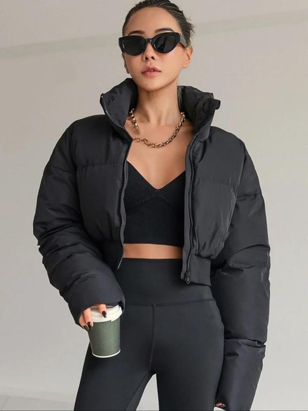 Women's Solid Zip Up  Crop Quilted  Jacket, Casual Funnel Neck Long Sleeve Outerwear for Fall & Winter, Women's Clothes for Daily Wear