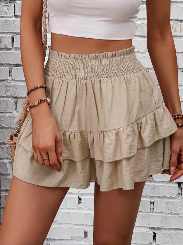 Women's Plain Ruffle Hem Shirred Wide Leg Shorts, Casual Elastic Waist Shorts for Summer, Women's Bottoms for Daily Wear