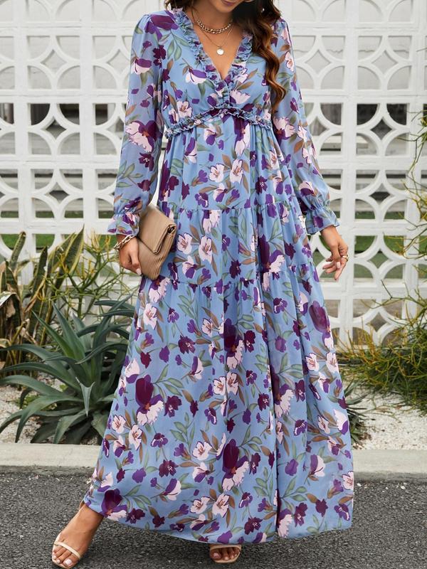 Women's Floral Print Frill Ruffle Hem Flounce Sleeve Chiffon Vintage Dress, Deep V Neck Long Sleeve A Line Maxi Dress, Women's Clothing for Holiday Vacation, Dresses for Women, Summer Clothes, Back To School Party, Birthday Dress, Women's Fall Clothing