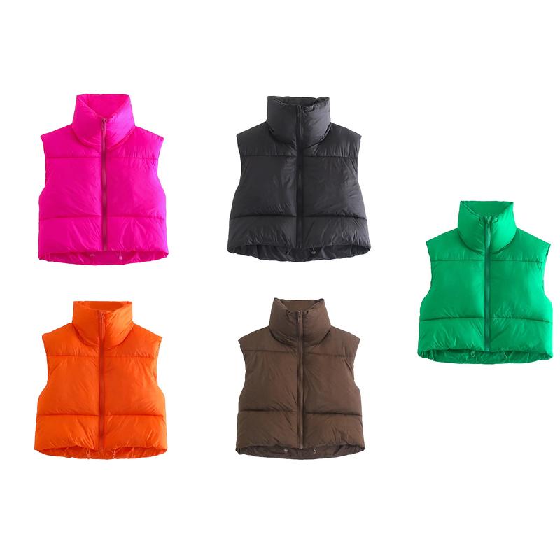 Womens Zipper Waistcoat Gilet Stand Collar Sleeveless Cropped Top Puffer Quilted Lightweight Vest Winter Warm Jacket Coat