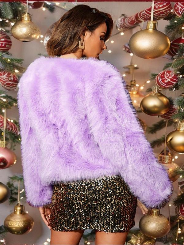 Women's Solid Long Sleeve Faux Fur Jackets Coat, Elegant Fashion Casual Open Front Coat for Party Club Dating Wear, Winter Clothes Women, Women Clothing for Fall & Winter