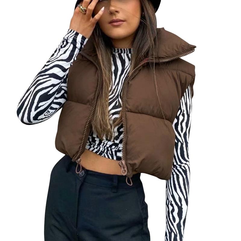 Womens Zipper Waistcoat Gilet Stand Collar Sleeveless Cropped Top Puffer Quilted Lightweight Vest Winter Warm Jacket Coat