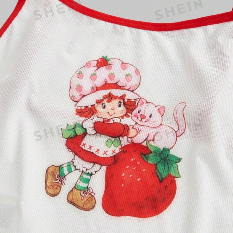 Strawberry Shortcake Cartoon Strawberry Print Bra And Brief Set For Women, Christmas Clothes