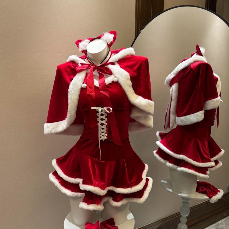 Christmas Kitty Santa Costume Set - Red Velvet Mini Dress with Cat Ear Headband and Hooded Cape - Womenswear Santa Bustier