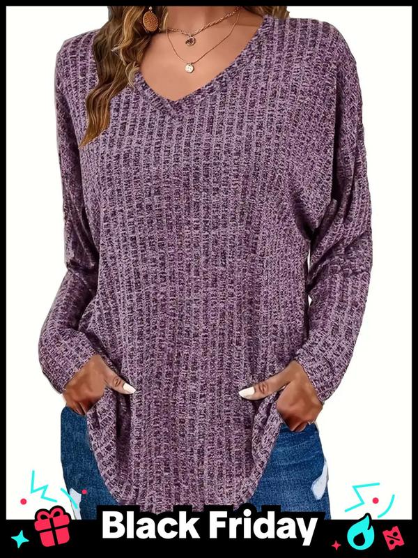 Plus Plain Textured Drop Shoulder V Neck Knit Top, Casual Long Sleeve Ribbed Top for Fall & Winter, Sweaters for Women, Women's Plus Clothing for Daily Wear