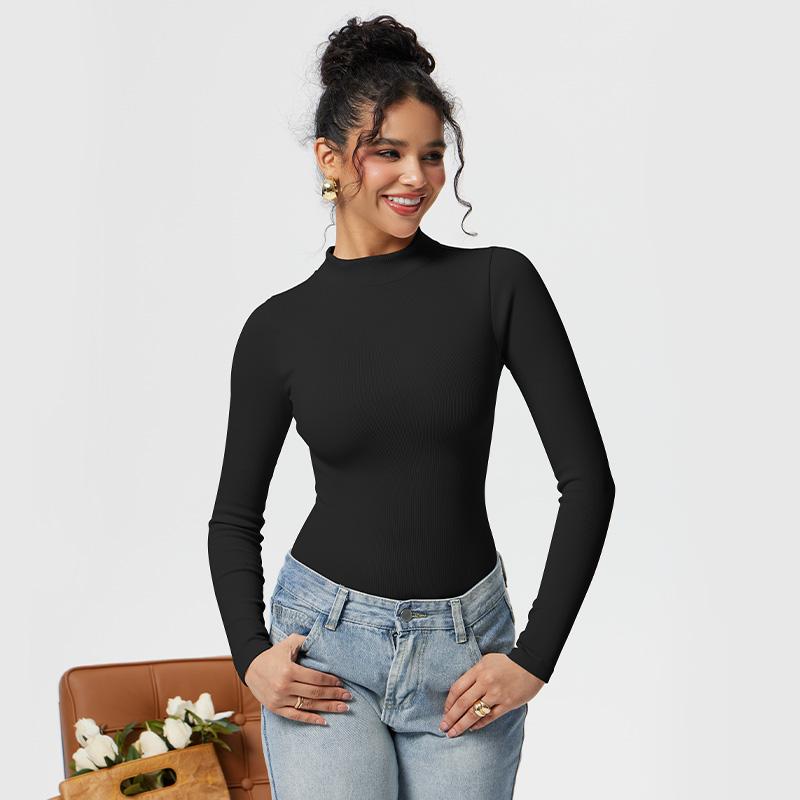 OQQ  1 Piece Bodysuits Sexy Ribbed Turtle Neck Long Sleeve Tops Bodysuit shaper clothes shorts bodysuit Basic Comfort Womenswear  Stretchy Long Sleeve Bodysuit Women's