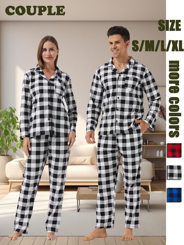 Couple's Plaid Print Button Front Pajama Two-piece Set, Casual Comfy Long Sleeve Pocket Top & Elastic Waist Pants Pj Set, Couple's Sleepwear for Spring & Fall