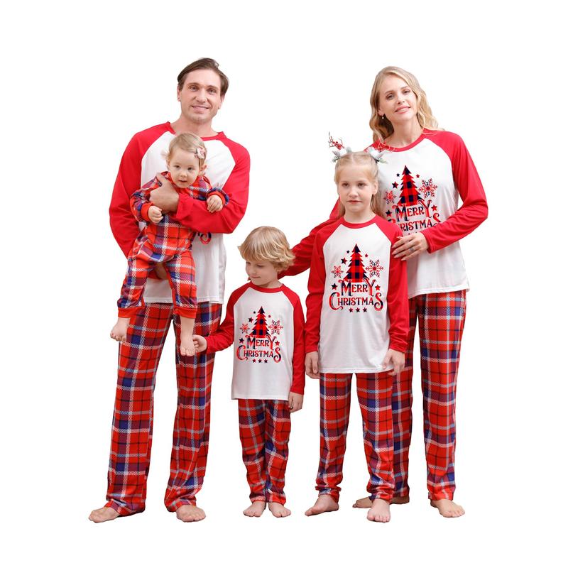 Women's 2-piece family set Christmas pajamas Christmas tree home clothes + Christmas plaid pattern trousers Womenswear Baby