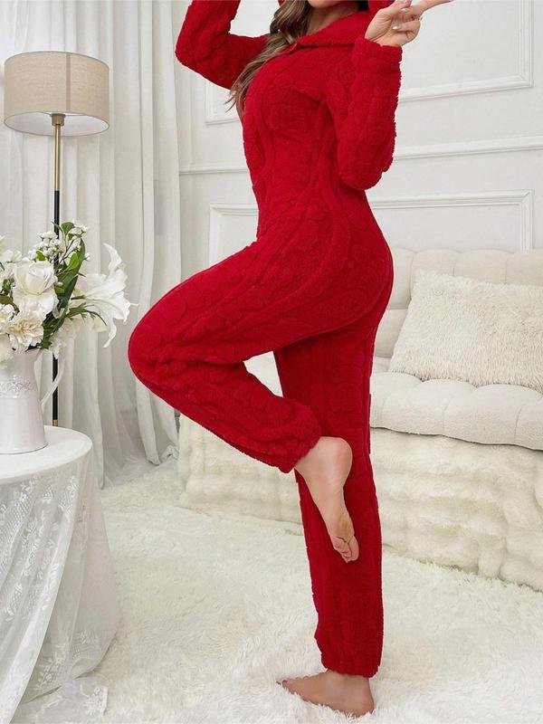 Women's Solid Zip Up Plush Hooded Jumpsuit, Casual Long Sleeve Jumpsuit for Fall & Winter, Christmas Pajamas, Women's Sleepwear for Indoor Wear Onesies Pajama