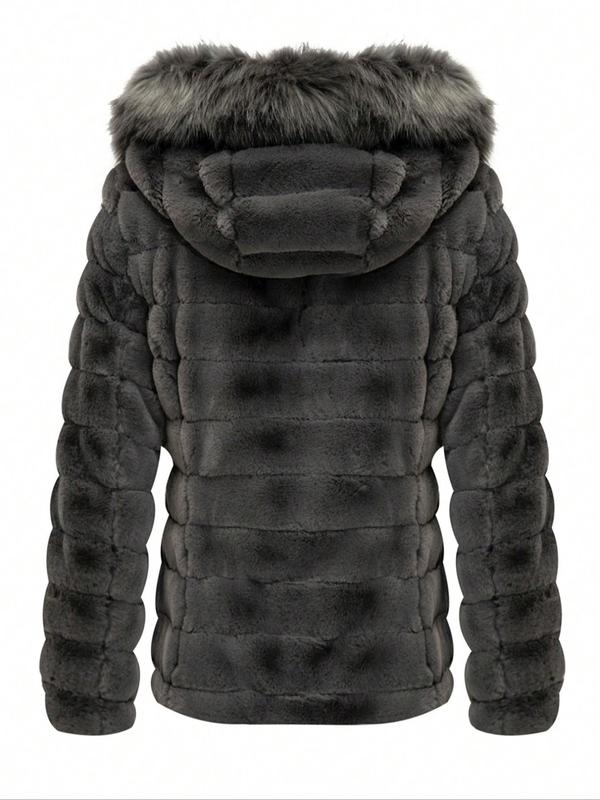 Women's Solid Color Contrast Faux Fur Reversible Hooded Jacket, Casual Warm Long Sleeve Drawstring Quilted Coat for Fall & Winter, Women's Clothing for Daily Wear