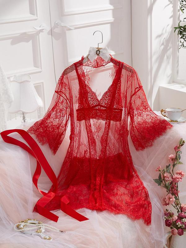 Women's Floral Lace Hollow Out Sexy Lingerie Set, Chic Sheer Robe & Scallop Trim Bra & Bow Front Panty, Comfy Basic Breathable Back To School Sexy Lingerie Set for Women, Women's Nightwear