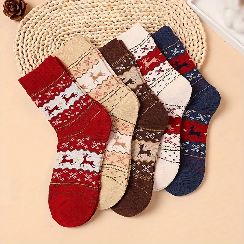 Christmas Reindeer Print Socks, 5 Pairs 10pcs Soft Comfortable Warm Socks, Women's Socks for Fall & Winter, Home Decor & Festive Supplies