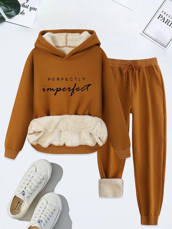 Women's Letter Print Thermal Lined Hoodie & Drawstring Waist Sweatpants Two-piece Set, Casual Long Sleeve Hooded Sweatshirt & Pocket Pants, Women's Fall & Winter Clothes