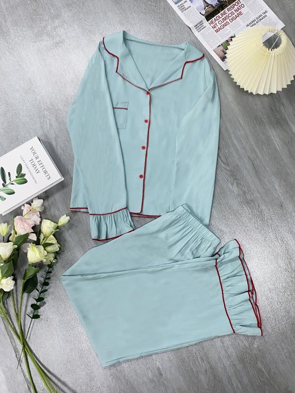 Women's Solid Color Lapel Collar Ruffle Pajama Set, 2024 New Style Long Sleeve Top & Wide Leg Pants Pj Set, Casual Comfy Pyjama Set for Women