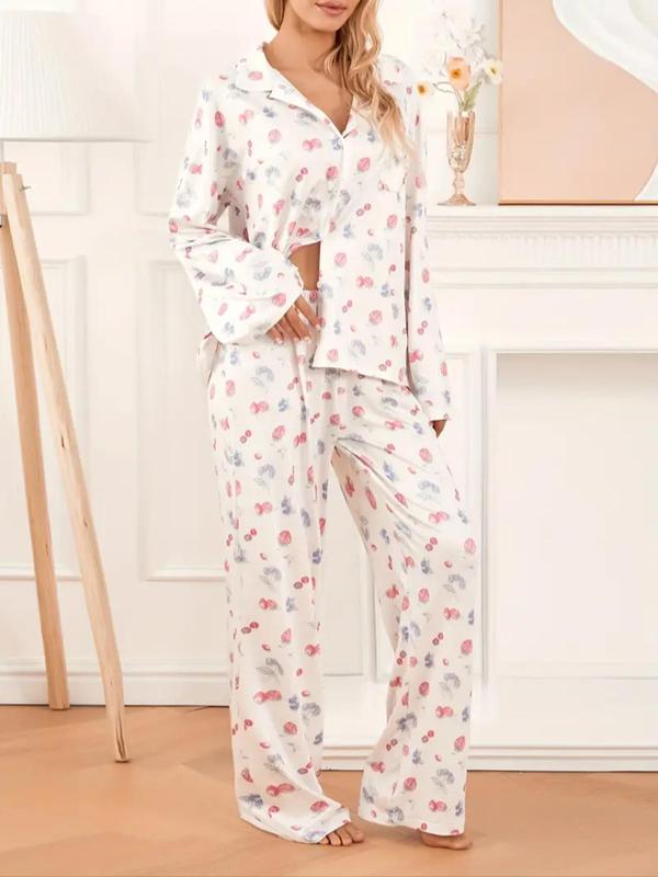 Women's All Over Print Button Front Pajama Two-piece Set, Casual Comfy Drop Shoulder Long Sleeve Top & Pants PJ Set, Ladies Sleepwear for All Seasons