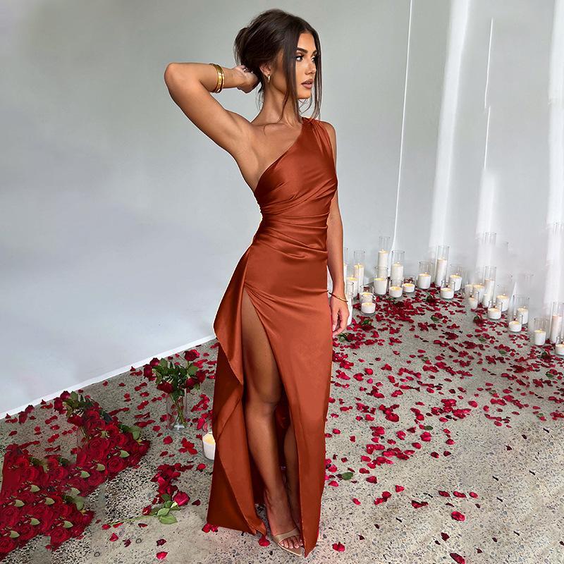 One-Shoulder Pleated Split Sexy Satin Dress Summer Elegant Slim-Fit Solid Color Dress