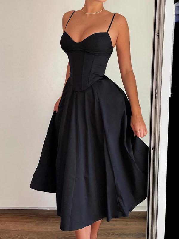 Women's Solid Backless Pleated Vintage Cami Dress, Dresses for Women, Elegant Adjustable Strap Midi Dress for Party Club Dating Wear, Ladies Summer Clothes Fall Wedding Guest Dress