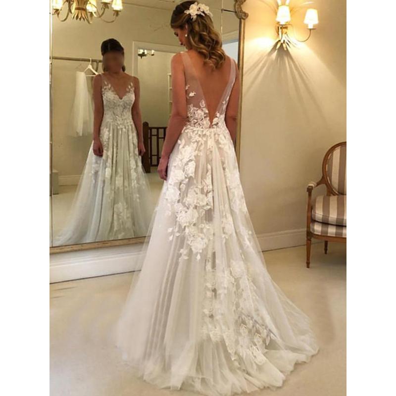 Double-shoulder Deep V-neck Slim-fit Lace Wrapped Shoulder Tail Wedding Dress