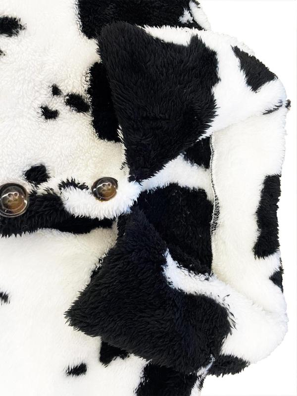 Women's Cow Print Button Front Plush Coat, Casual Drop Shoulder Collared Fuzzy Outerwear for Fall & Winter, Women's Clothing for Daily Wear