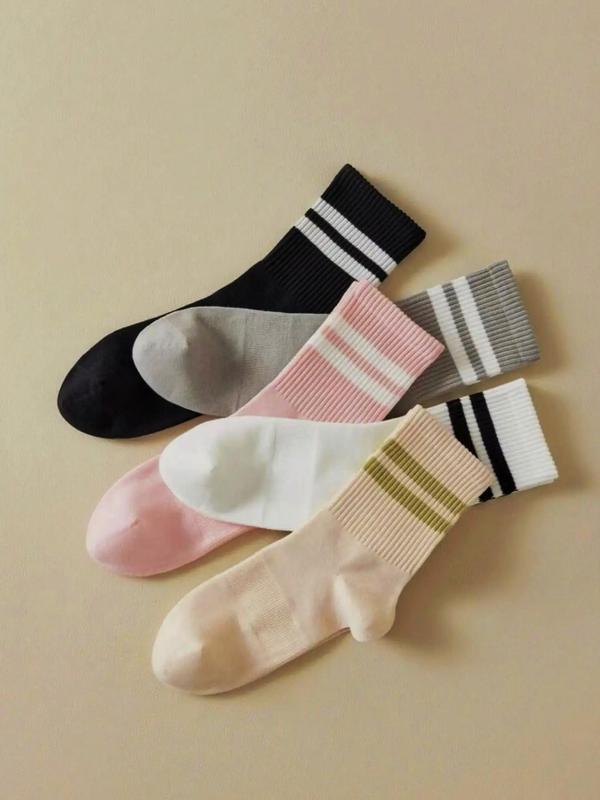 Women's 5 Pairs Striped Print Ankle Socks, Casual Comfortable Mid-calf Socks for Daily Wear, Breathable Multipack Knit Socks for Fall & Winter