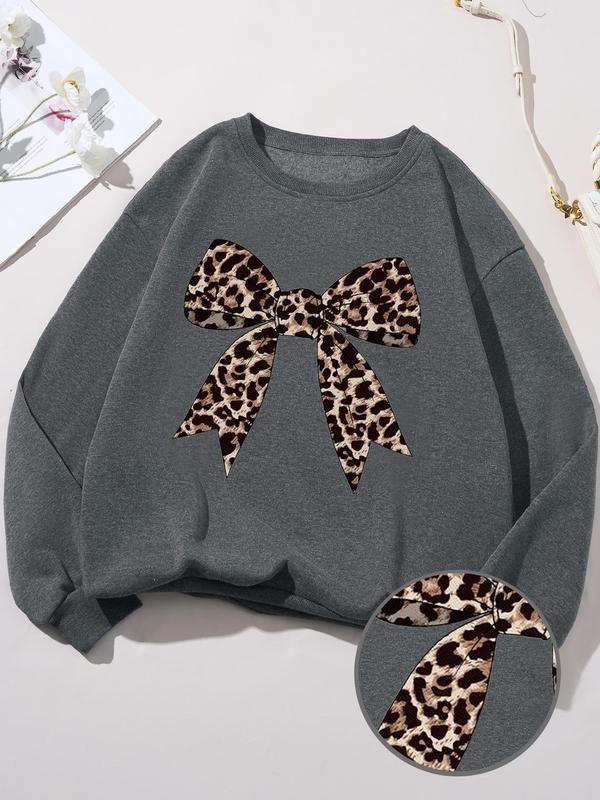 Women's Leopard Bow Print Drop Shoulder Sweatshirt, Casual Long Sleeve Round Neck Pullover for Fall & Winter, Ladies Clothes for Daily Wear