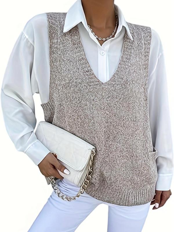 Women's Solid Pocket V Neck Sweater Vest, Casual Sleeveless Jumper Vest for Fall & Winter, Fashion Ladies' Knitwear for Daily Wear