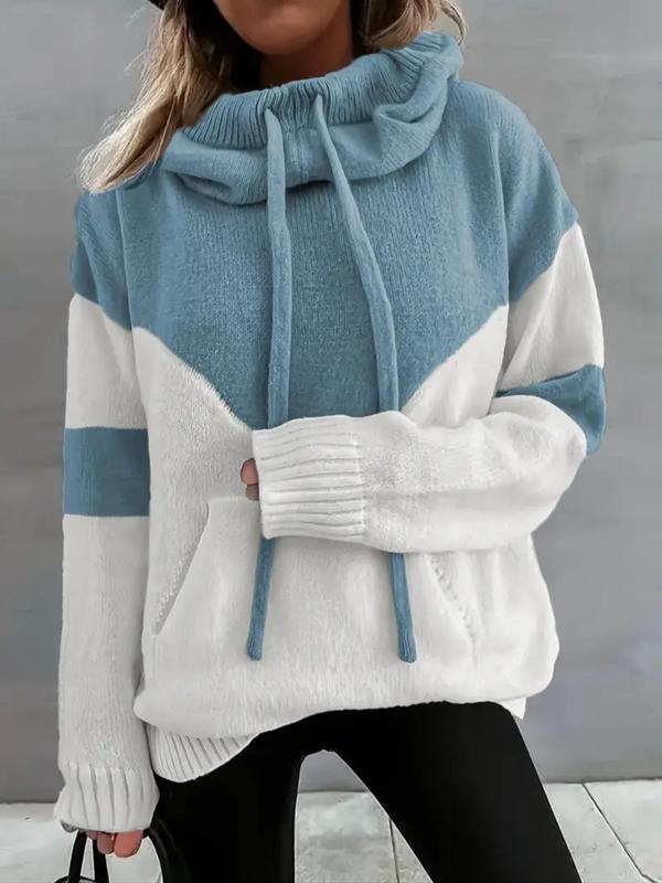 Women's Colorblock Print Drawstring Pocket Hooded Sweater, Casual Drop Shoulder Long Sleeve Jumper for Fall & Winter, Women's Knitwear for Daily Wear