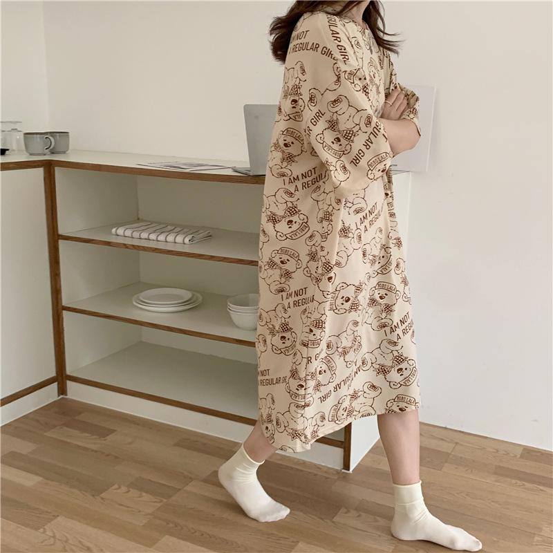 Nightdress Women's Summer Korean-Style Spring and Autumn Student Short-Sleeved Home Wear Cute Cartoon Loose Pregnant Women's Pajamas Women's Summer