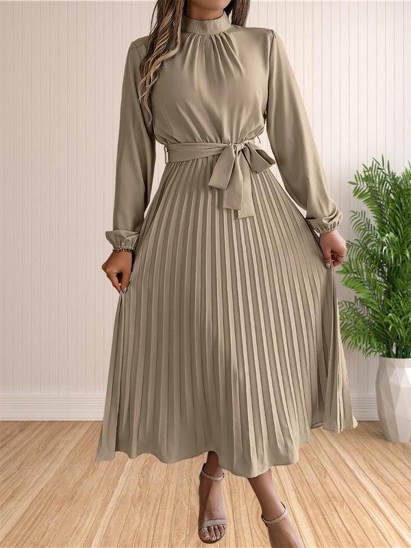 Women's Solid Belted Pleated A Line Dress, Elegant Bishop Sleeve Mock Neck Dress for Fall, Fall Outfits, Women's Basic Fall Clothing for Daily Wear, Tummy Hiding Dresses