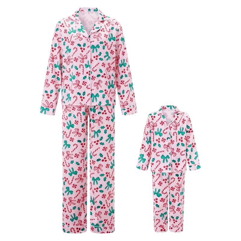 Mommy and Me Matching Pajamas Bow Candy Cane Print Button Down Long Sleeve Tops and Pants Set Christmas Sleepwear Womenswear Check family christmas pajamas