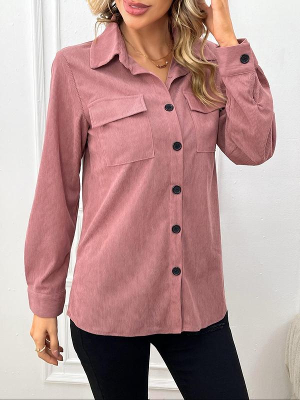 Women's Plain Button Front Pocket Corduroy Blouse, Mean Girls Shirt Casual Long Sleeve Collared Top for Fall, Going Out Tops, Shirts for Women, Lady Clothing for Daily Wear