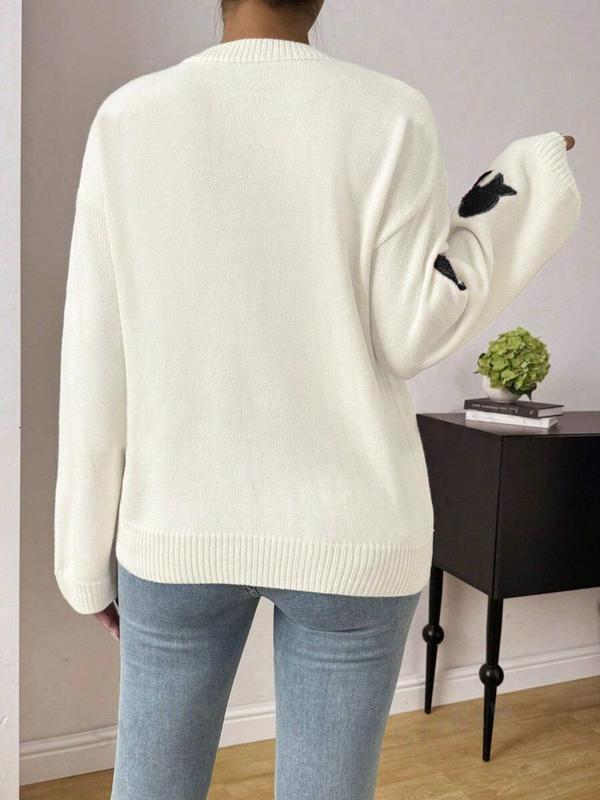 Women's Bow Patched Drop Shoulder Sweater, Casual Long Sleeve Round Neck Jumper for Fall & Winter, Fashion Ladies' Knitwear for Daily Wear