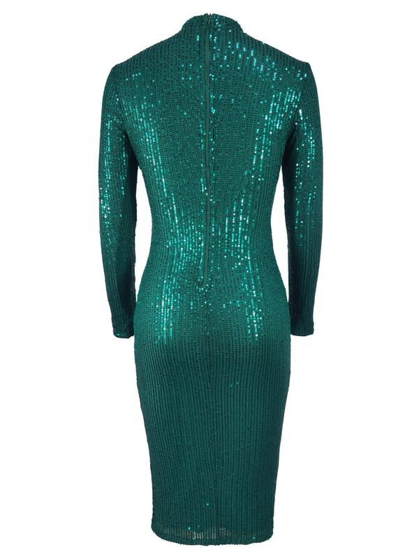 Women's Mock Neck Glitter Sequin Bodycon Dress, Elegant Zipper Back Knee Length Dress for Evening Party, Ladies Spring & Fall Clothes